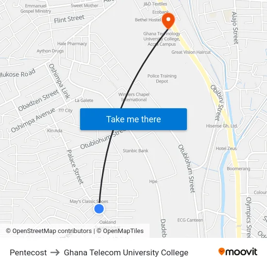 Pentecost to Ghana Telecom University College map