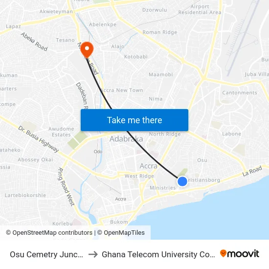 Osu Cemetry Junction to Ghana Telecom University College map