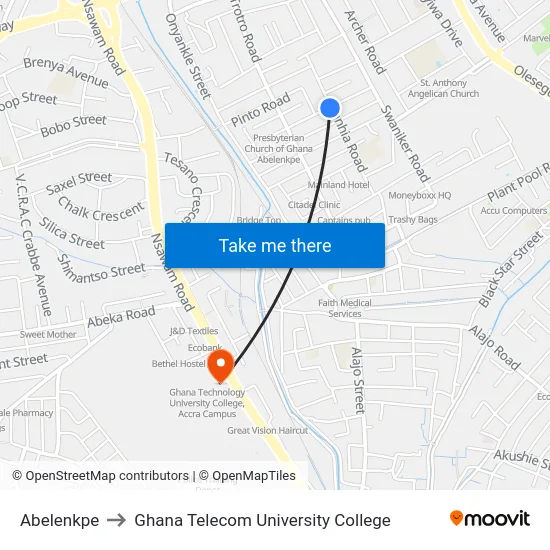 Abelenkpe to Ghana Telecom University College map