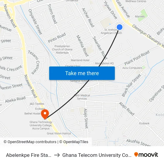 Abelenkpe Fire Station to Ghana Telecom University College map