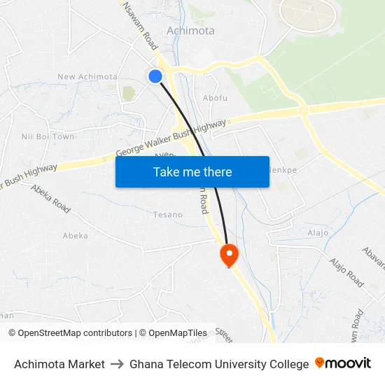 Achimota Market to Ghana Telecom University College map