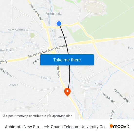 Achimota New Station to Ghana Telecom University College map