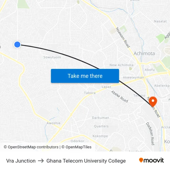 Vra Junction to Ghana Telecom University College map
