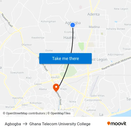 Agbogba to Ghana Telecom University College map