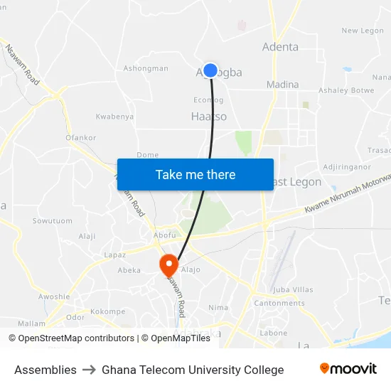 Assemblies to Ghana Telecom University College map
