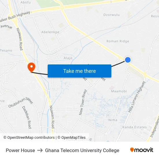 Power House to Ghana Telecom University College map