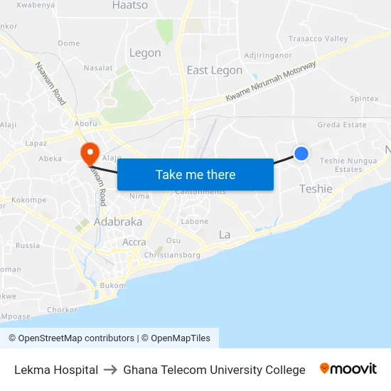 Lekma Hospital to Ghana Telecom University College map