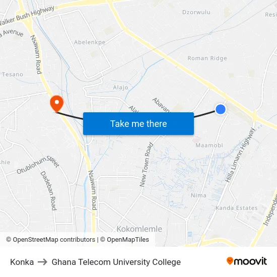 Konka to Ghana Telecom University College map