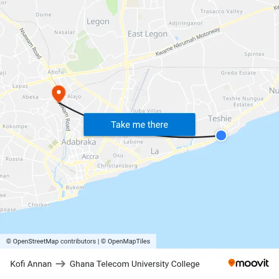 Kofi Annan to Ghana Telecom University College map