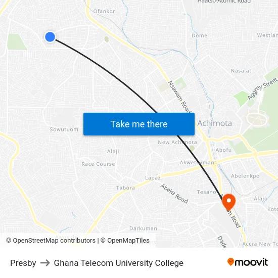 Presby to Ghana Telecom University College map