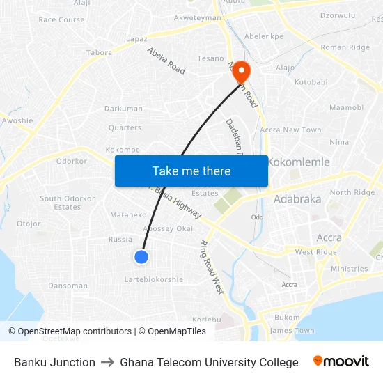 Banku Junction to Ghana Telecom University College map