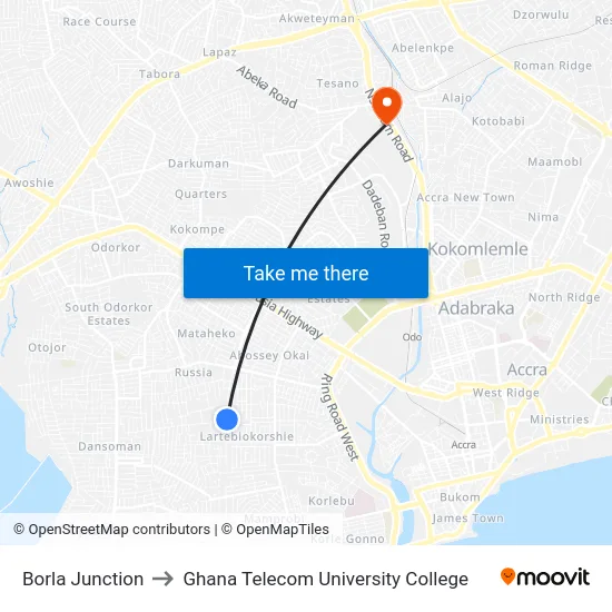 Borla Junction to Ghana Telecom University College map