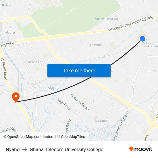 Nyaho to Ghana Telecom University College map