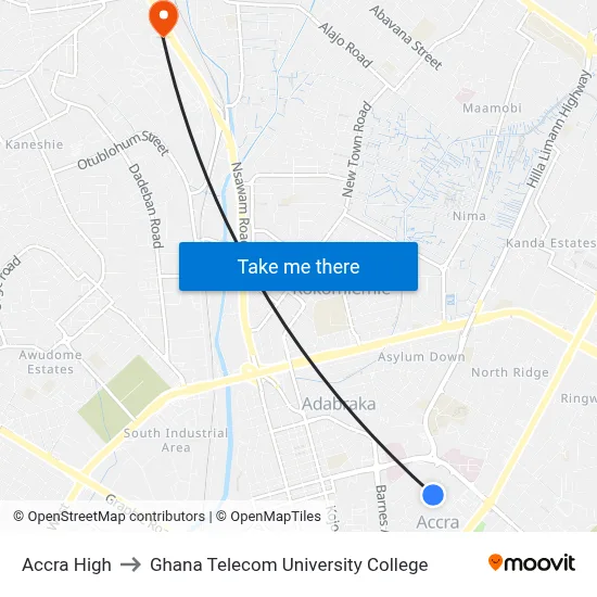 Accra High to Ghana Telecom University College map