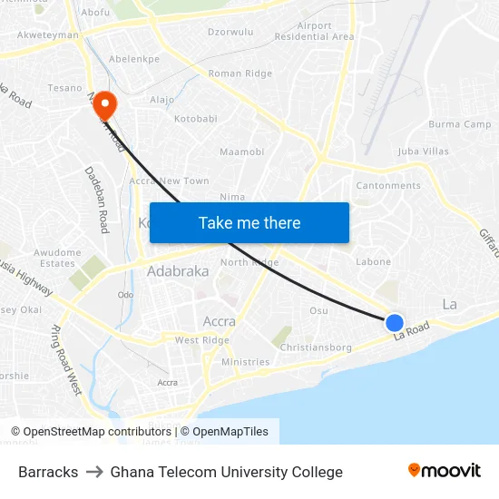 Barracks to Ghana Telecom University College map