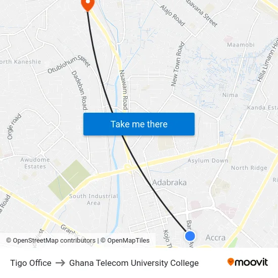Tigo Office to Ghana Telecom University College map