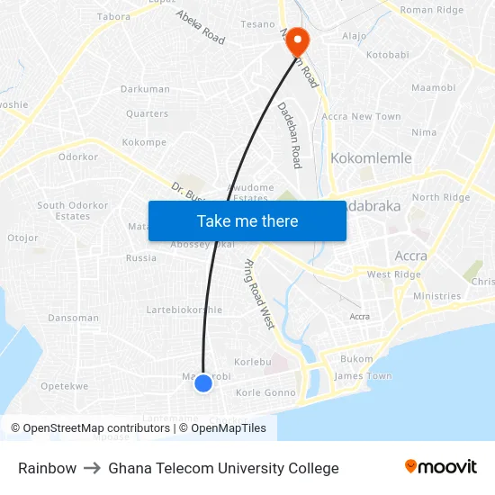 Rainbow to Ghana Telecom University College map