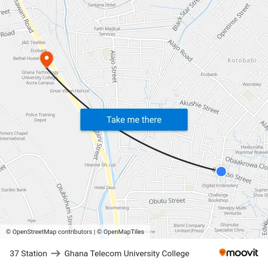 37 Station to Ghana Telecom University College map