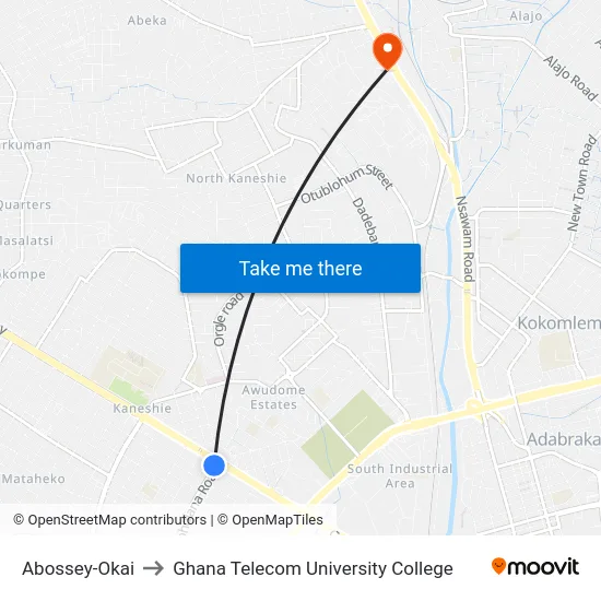 Abossey-Okai to Ghana Telecom University College map