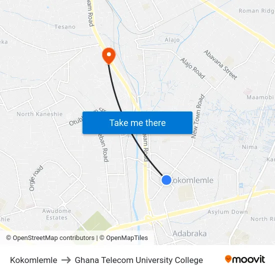 Kokomlemle to Ghana Telecom University College map