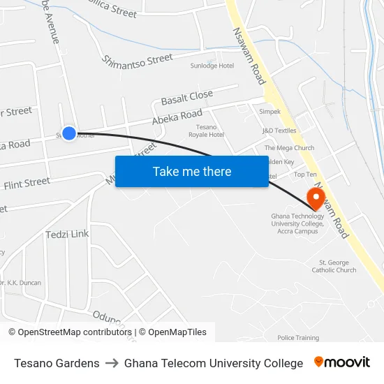 Tesano Gardens to Ghana Telecom University College map