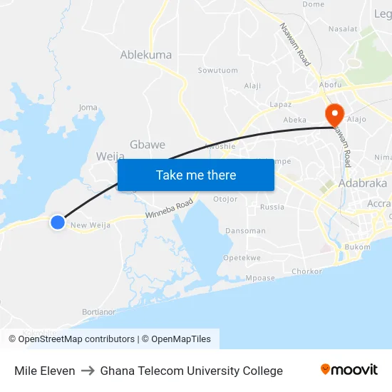 Mile Eleven to Ghana Telecom University College map