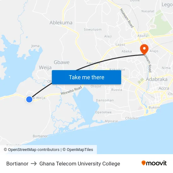 Bortianor to Ghana Telecom University College map