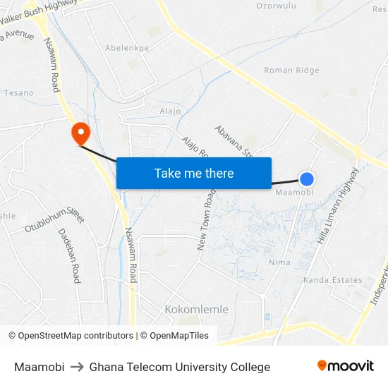 Maamobi to Ghana Telecom University College map