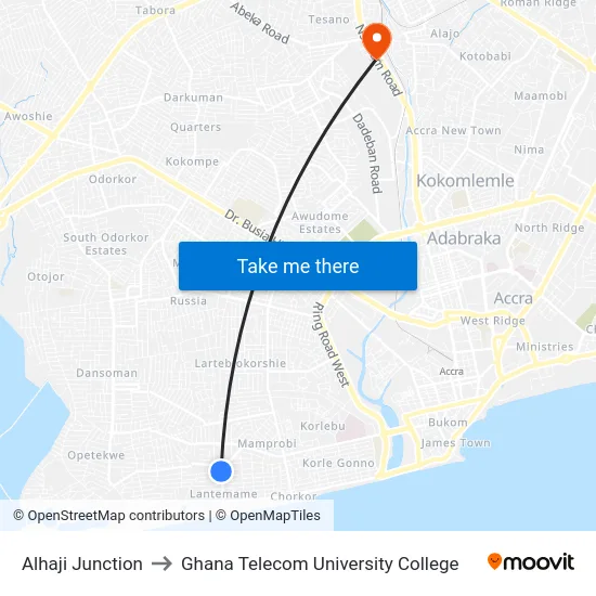 Alhaji Junction to Ghana Telecom University College map