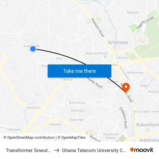 Transformer Sowutuom to Ghana Telecom University College map