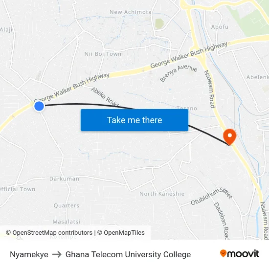 Nyamekye to Ghana Telecom University College map
