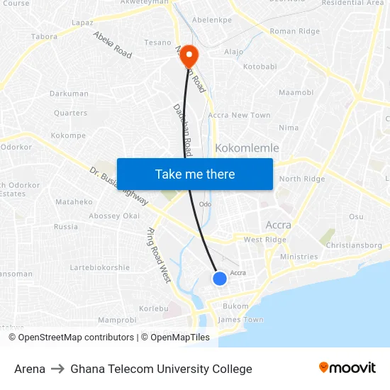 Arena to Ghana Telecom University College map