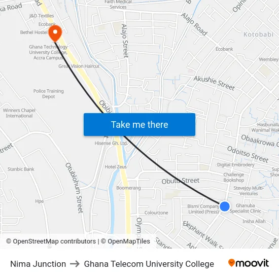 Nima Junction to Ghana Telecom University College map