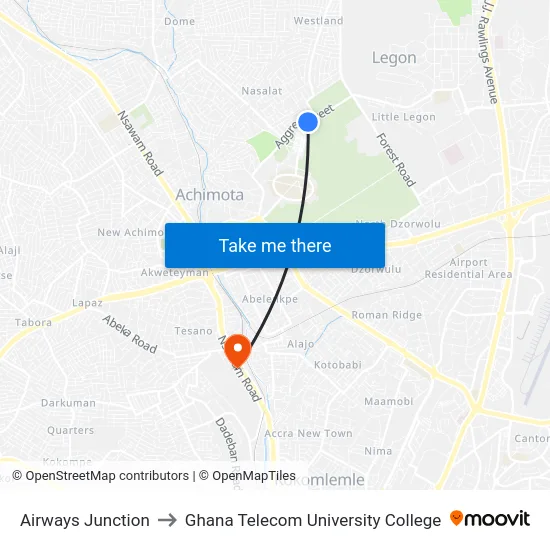 Airways Junction to Ghana Telecom University College map