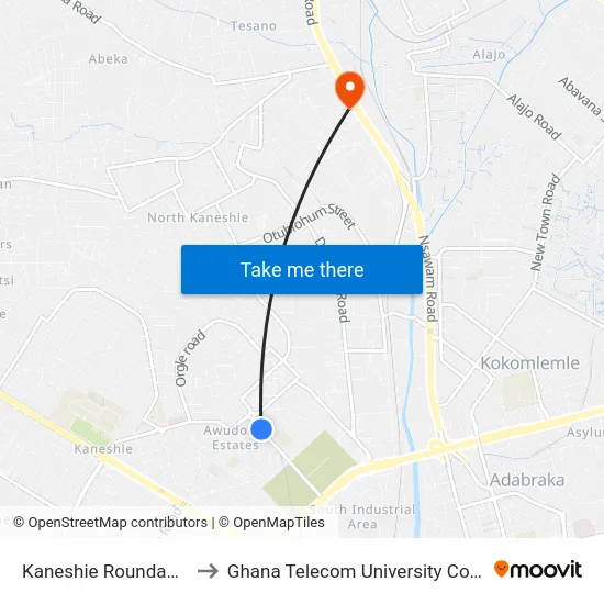 Kaneshie Roundabout to Ghana Telecom University College map
