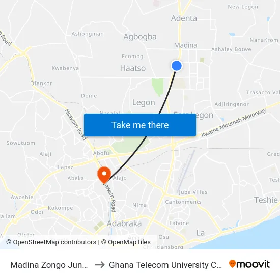 Madina Zongo Junction to Ghana Telecom University College map