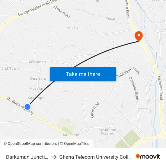 Darkuman Junction to Ghana Telecom University College map