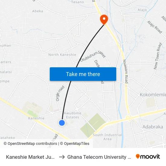 Kaneshie Market Junction to Ghana Telecom University College map