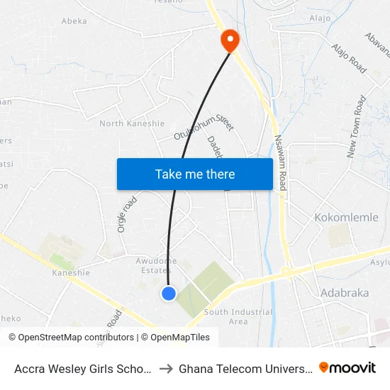 Accra Wesley Girls School Junction to Ghana Telecom University College map