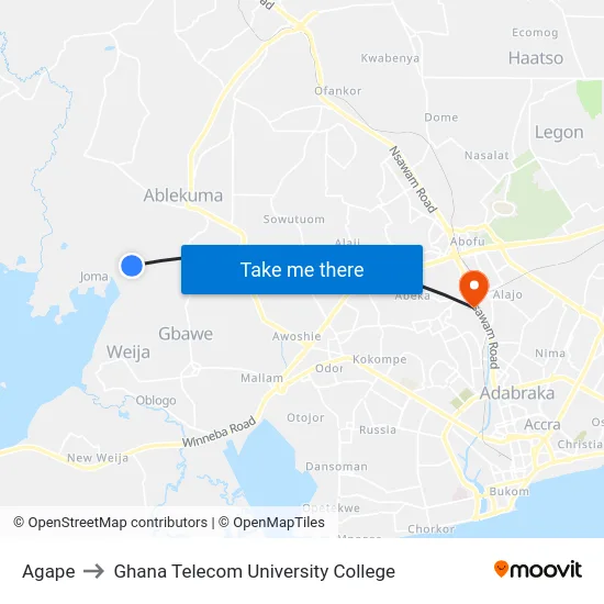 Agape to Ghana Telecom University College map