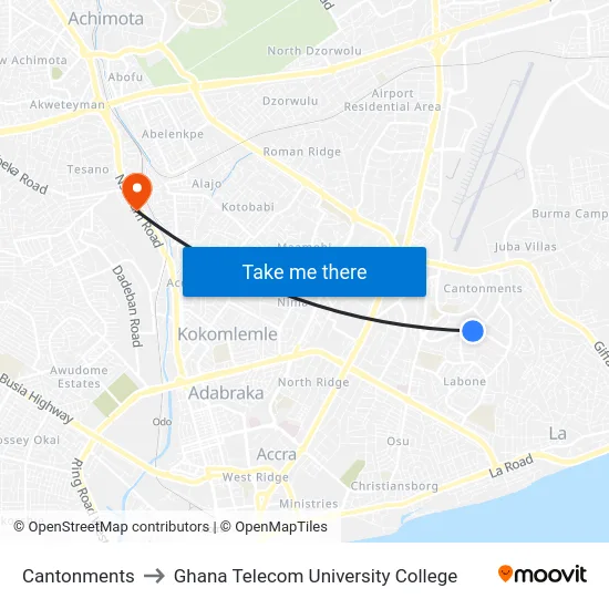 Cantonments to Ghana Telecom University College map