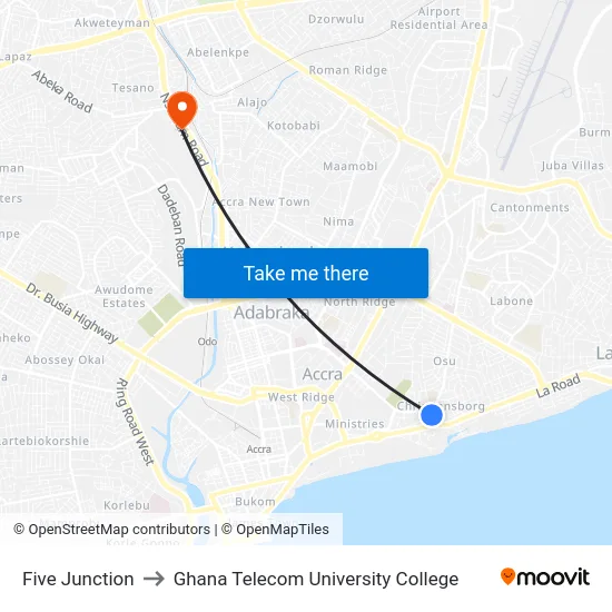 Five Junction to Ghana Telecom University College map