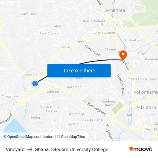 Vineyard to Ghana Telecom University College map