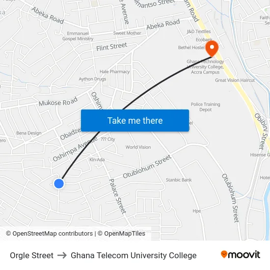 Orgle Street to Ghana Telecom University College map