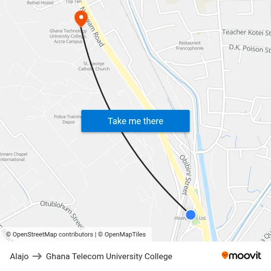 Alajo to Ghana Telecom University College map