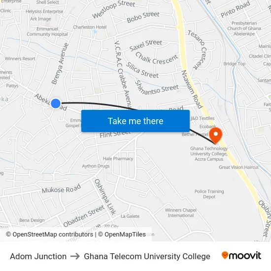 Adom Junction to Ghana Telecom University College map