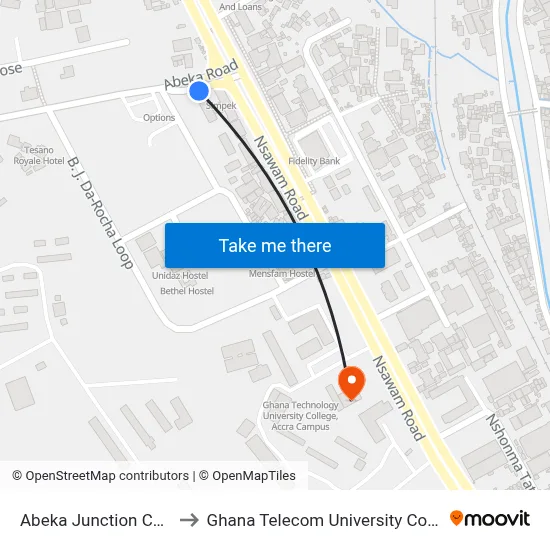 Abeka Junction Curve to Ghana Telecom University College map