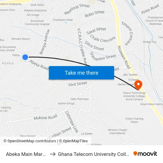 Abeka Main Market to Ghana Telecom University College map