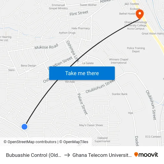Bubuashie Control (Old Station ) to Ghana Telecom University College map