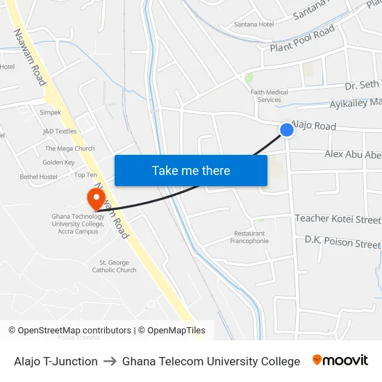 Alajo T-Junction to Ghana Telecom University College map